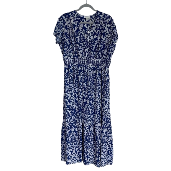 Blue and White Tamara H Women's Smocked Printed Maxi Dress - Picture 1 of 9